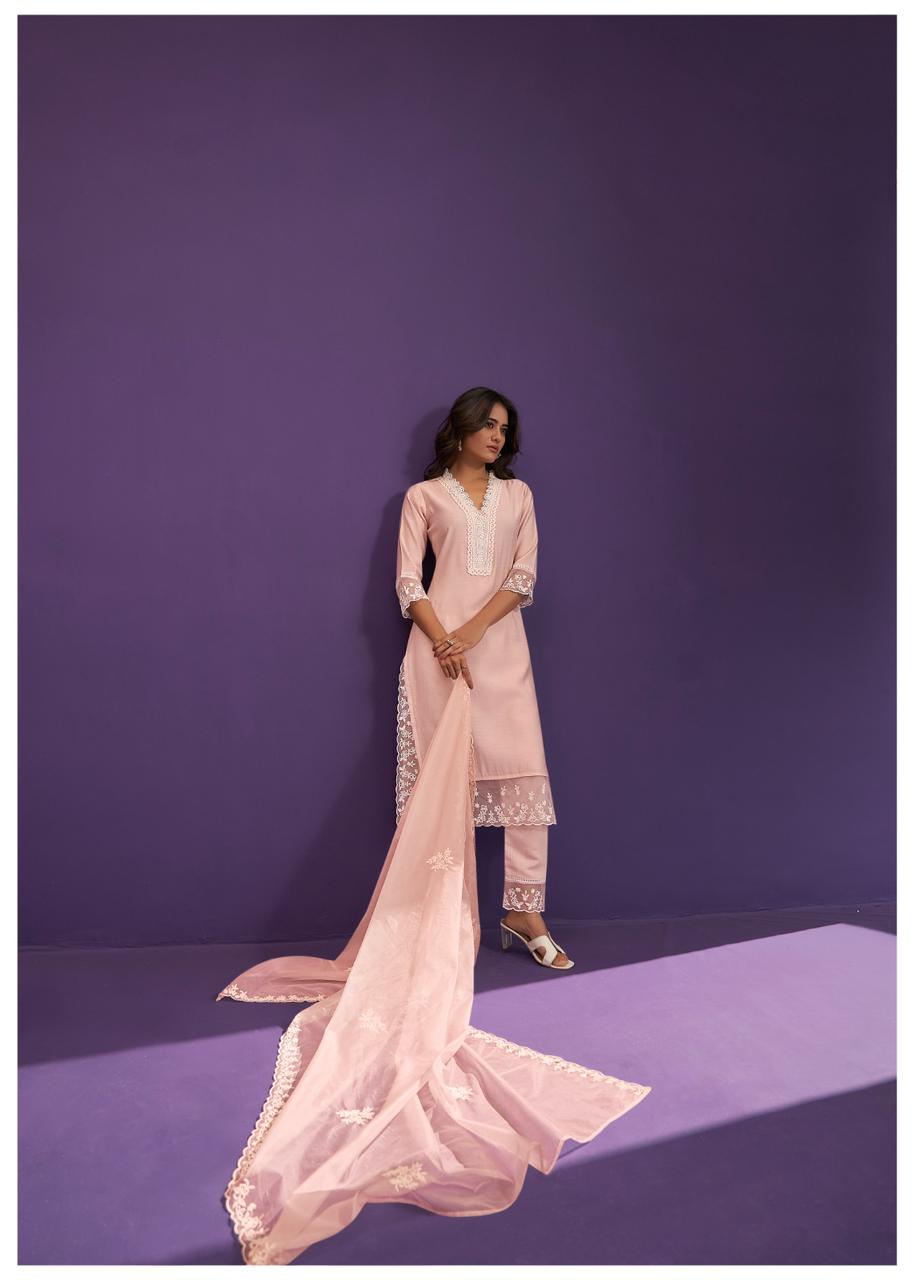 Baby Pink Threadwork Silk Kurta Set 