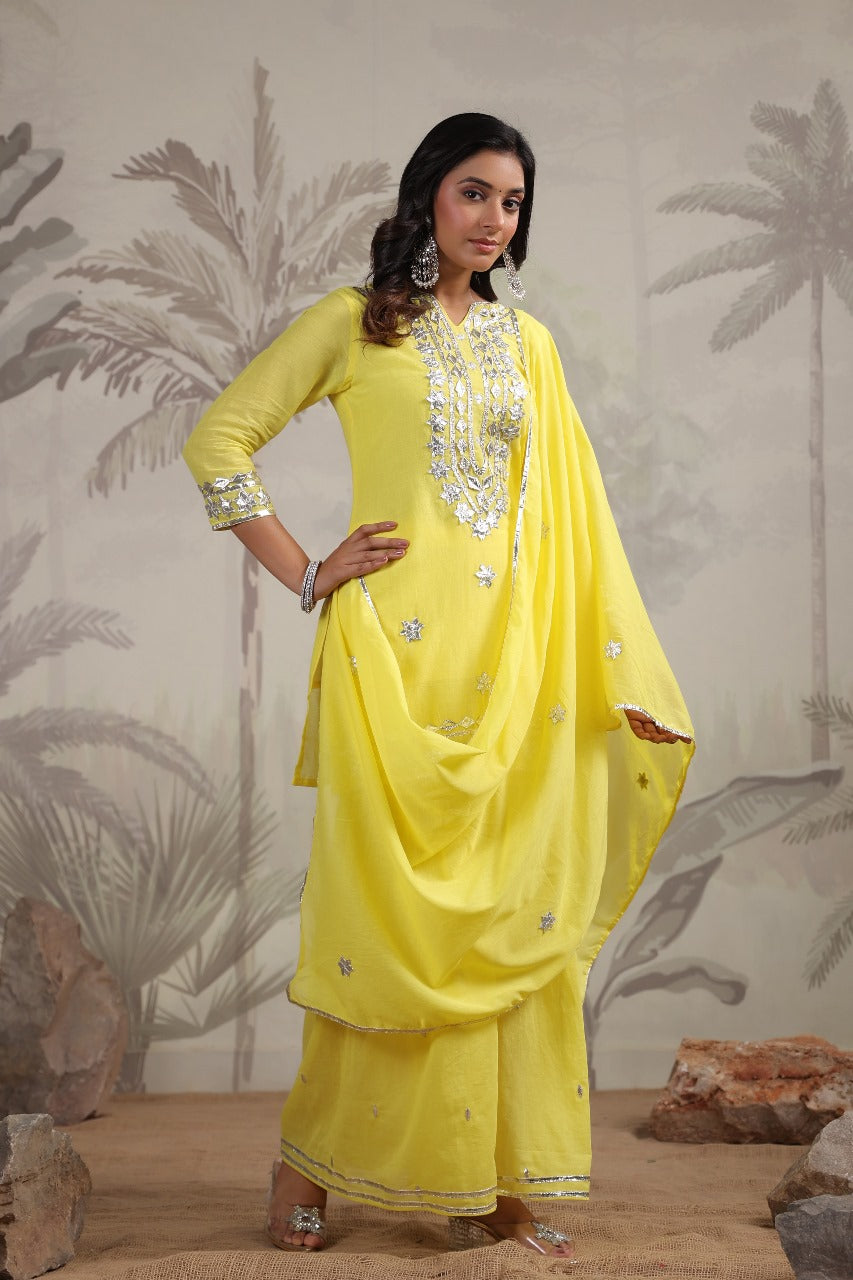 Yellow GottaPatti Work Muslin Sharara Set 
