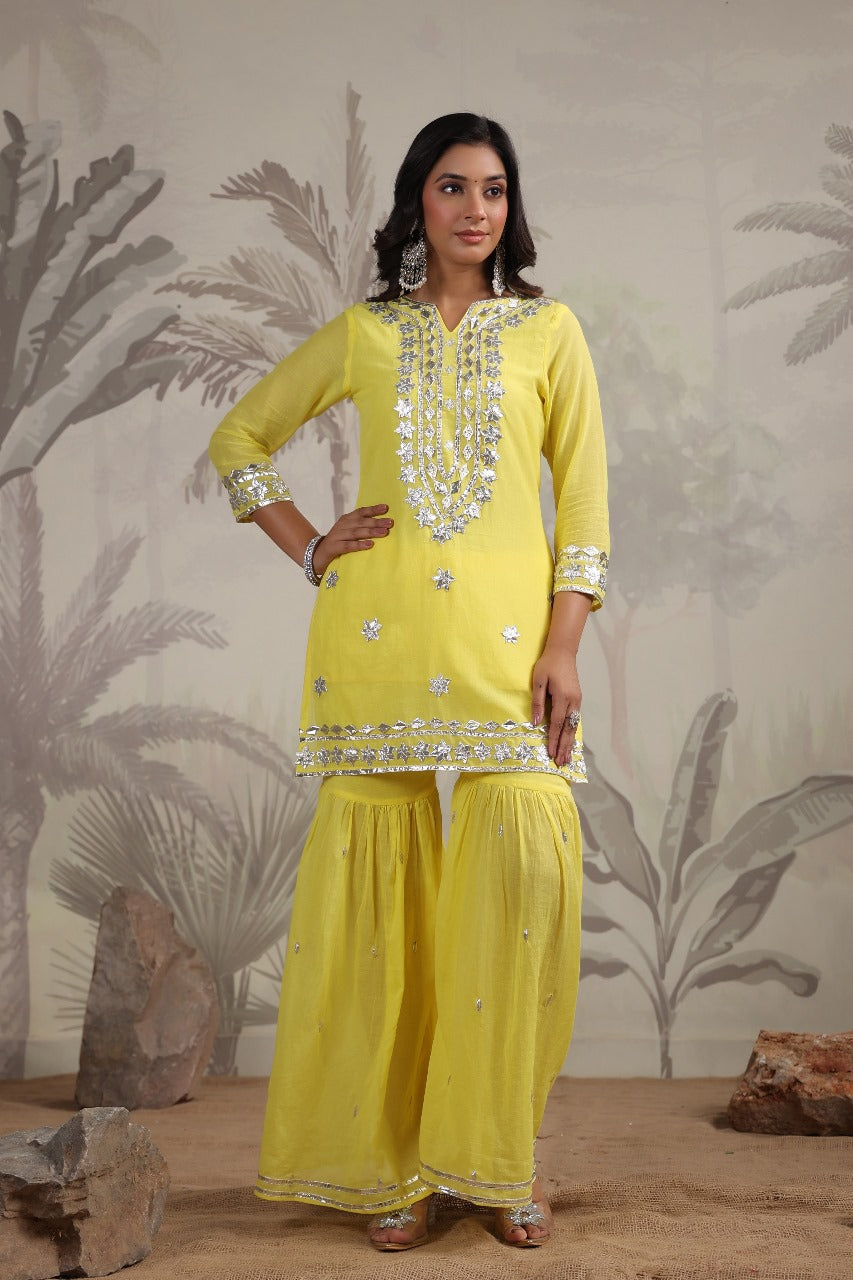 Yellow GottaPatti Work Muslin Sharara Set 