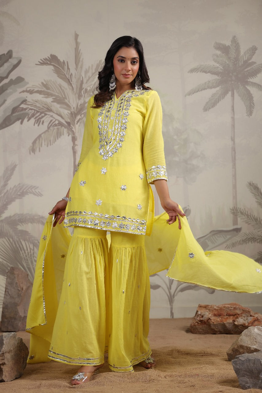 Yellow GottaPatti Work Muslin Sharara Set 
