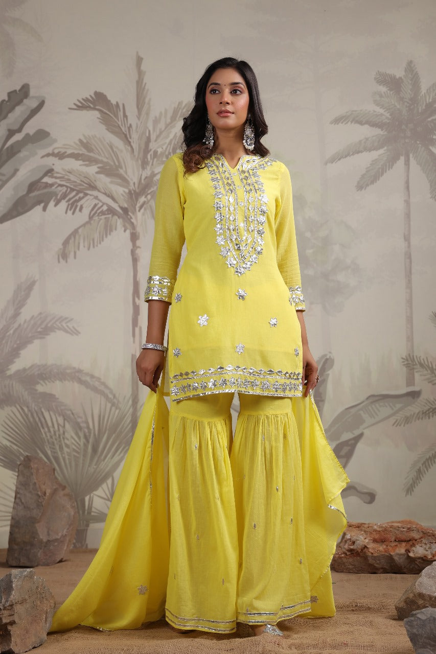 Yellow GottaPatti Work Muslin Sharara Set 