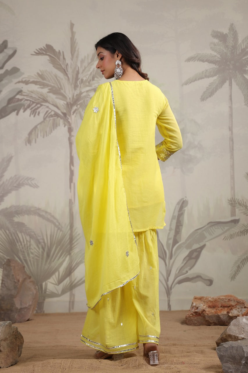 Yellow GottaPatti Work Muslin Sharara Set 