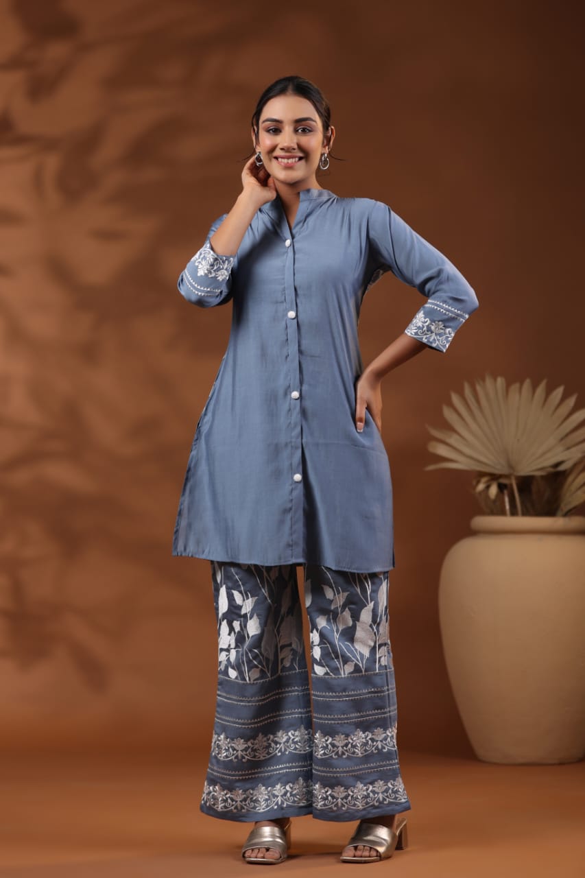 Powder Blue Threadwork Cotton Co-Ord Set - Kajree