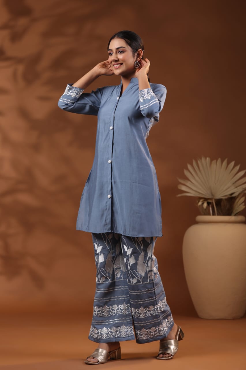 Powder Blue Threadwork Cotton Co-Ord Set - Kajree
