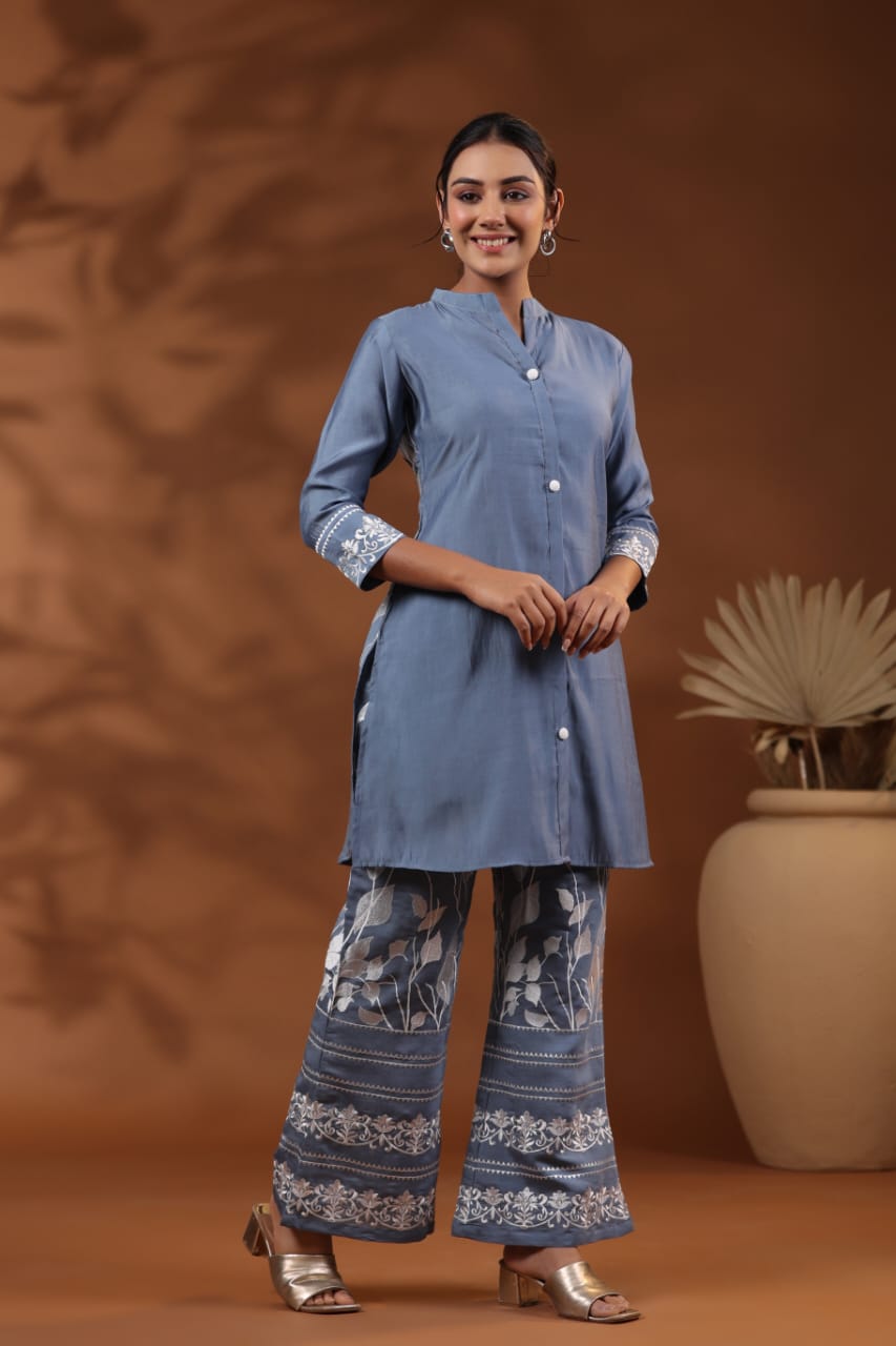 Powder Blue Threadwork Cotton Co-Ord Set - Kajree