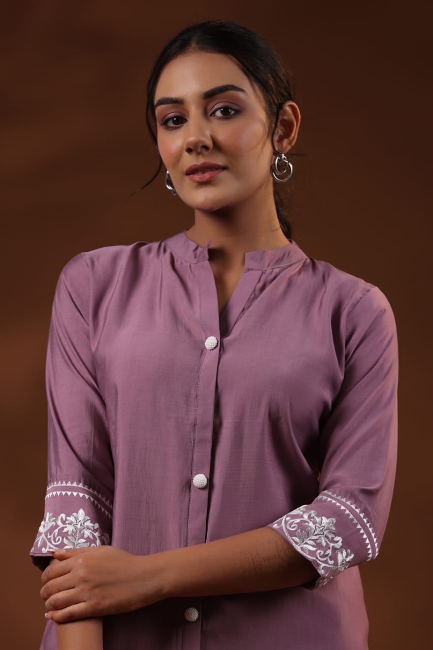 Mauve Threadwork Cotton Co-ord Set - Kajree