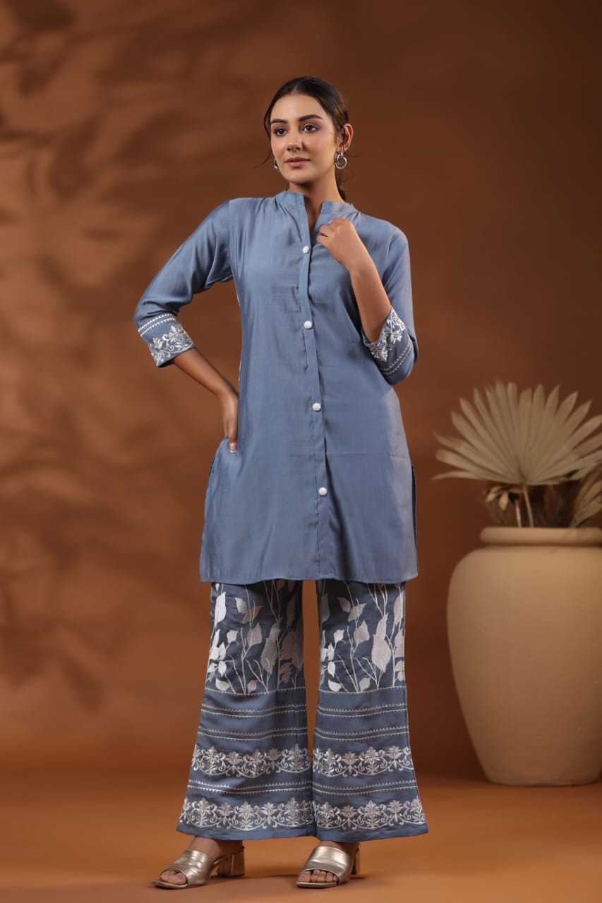 Powder Blue Threadwork Cotton Co-Ord Set - Kajree