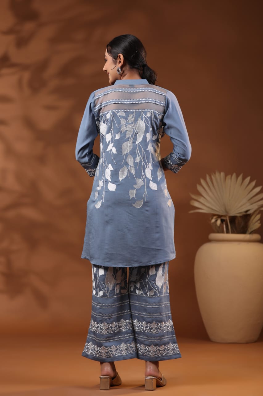 Powder Blue Threadwork Cotton Co-Ord Set - Kajree