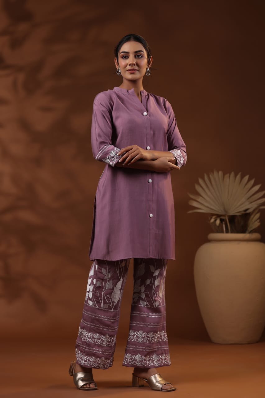 Mauve Threadwork Cotton Co-ord Set - Kajree