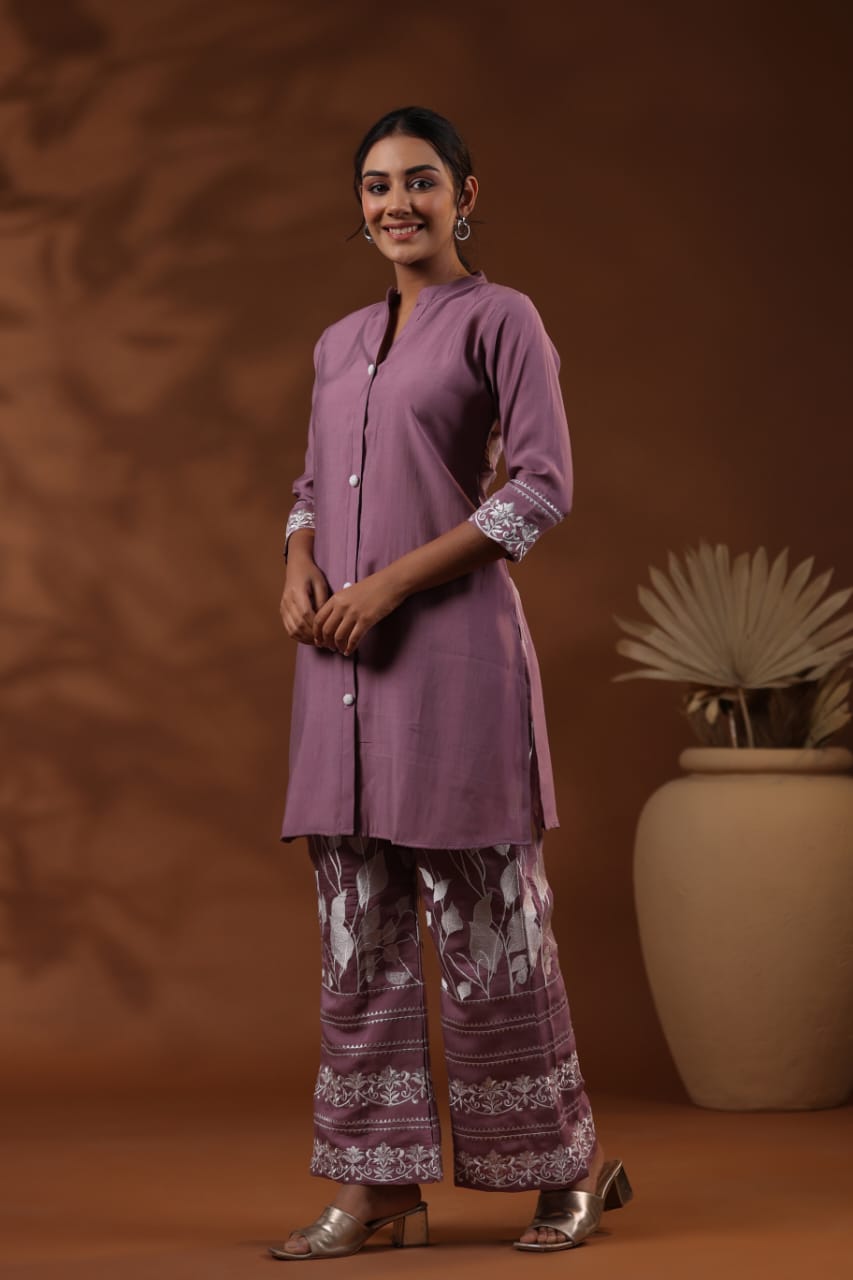 Mauve Threadwork Cotton Co-ord Set - Kajree