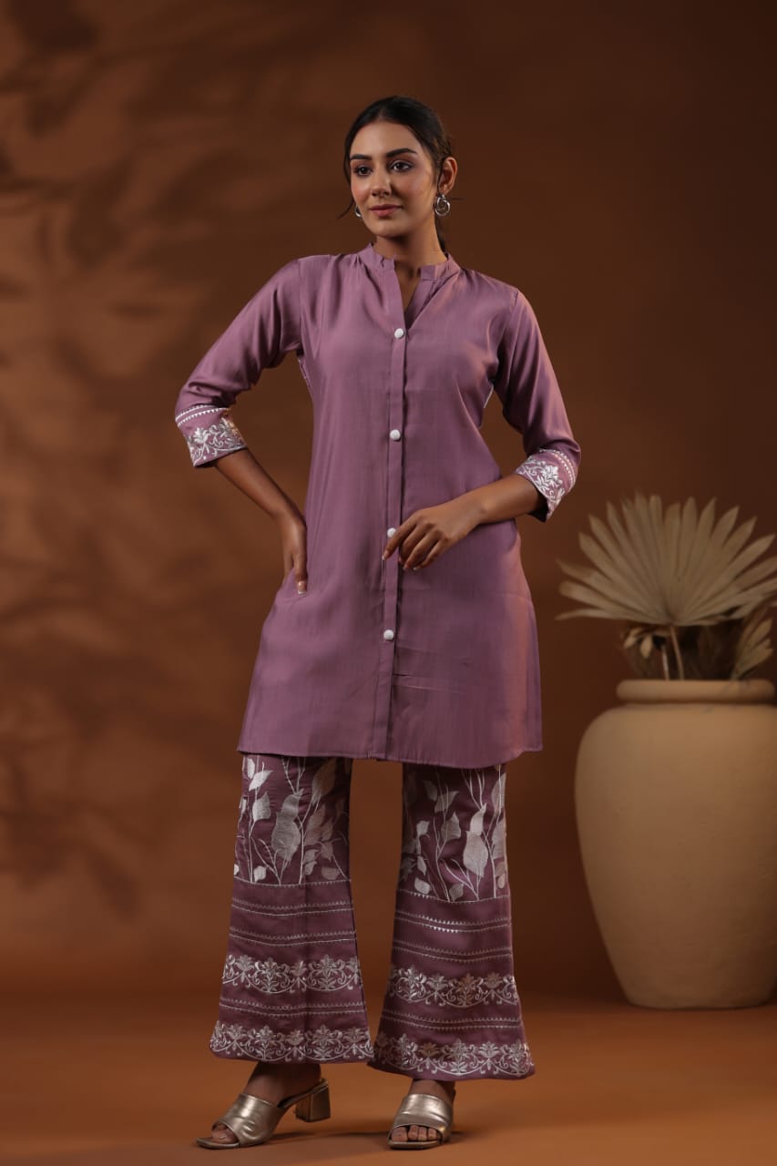 Mauve Threadwork Cotton Co-ord Set 