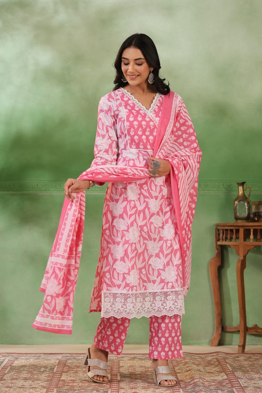 Light Pink Threadwork and block print Cotton Kurta Set - Kajree