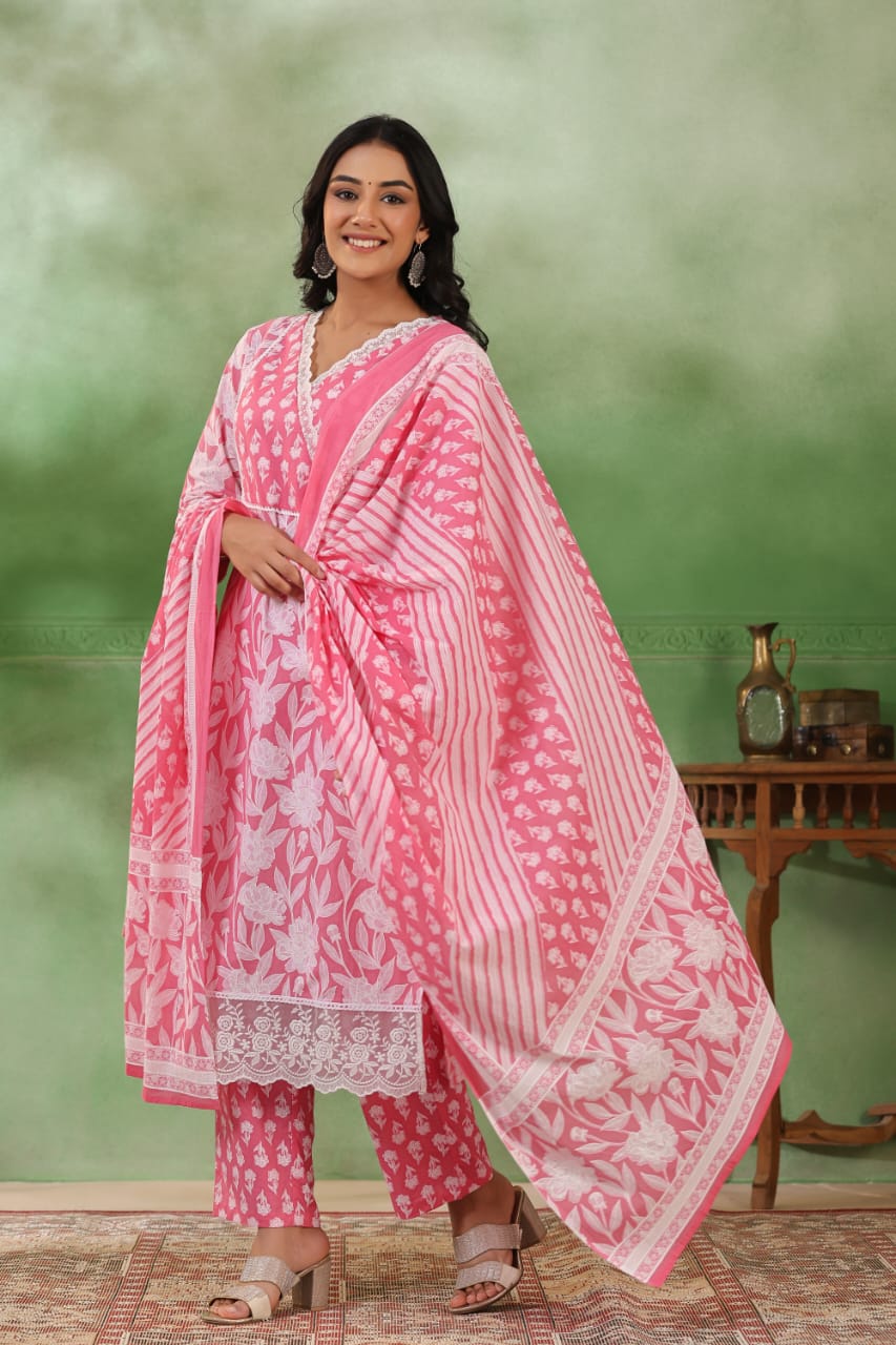 Light Pink Threadwork and block print Cotton Kurta Set - Kajree