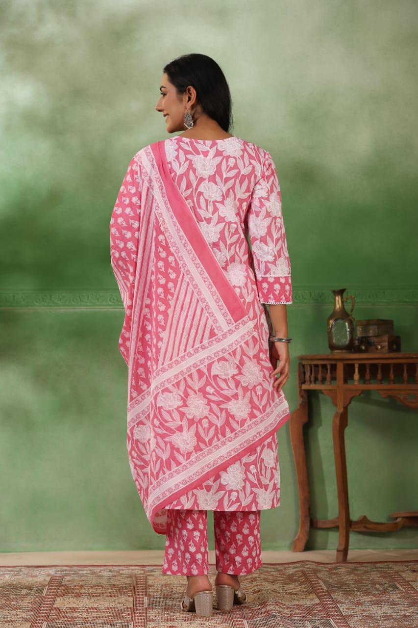 Light Pink Threadwork and block print Cotton Kurta Set - Kajree