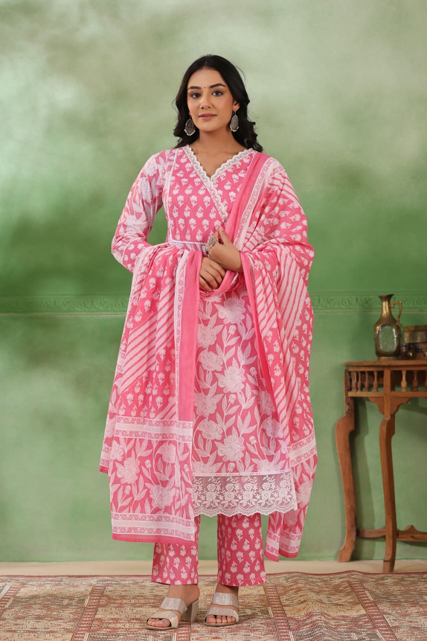 Light Pink Threadwork and block print Cotton Kurta Set - Kajree