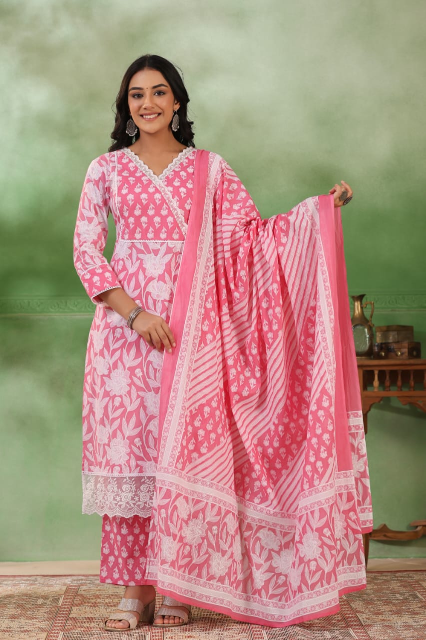 Light Pink Threadwork and block print Cotton Kurta Set - Kajree