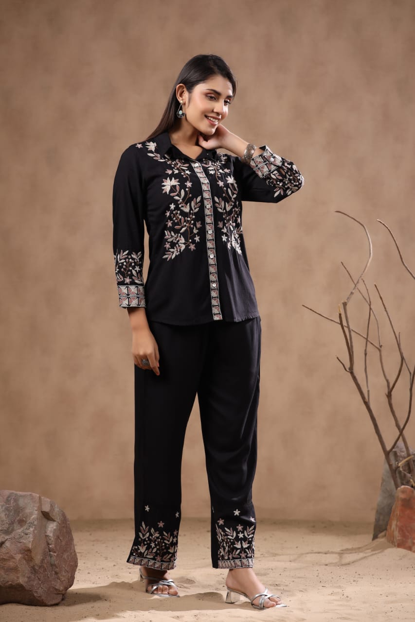 Black Threadwork Cotton  Co-Ord Set - Kajree