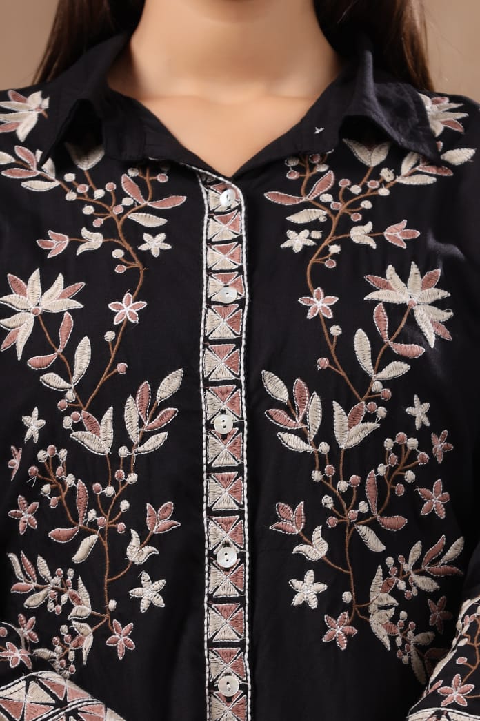 Black Threadwork Cotton  Co-Ord Set - Kajree