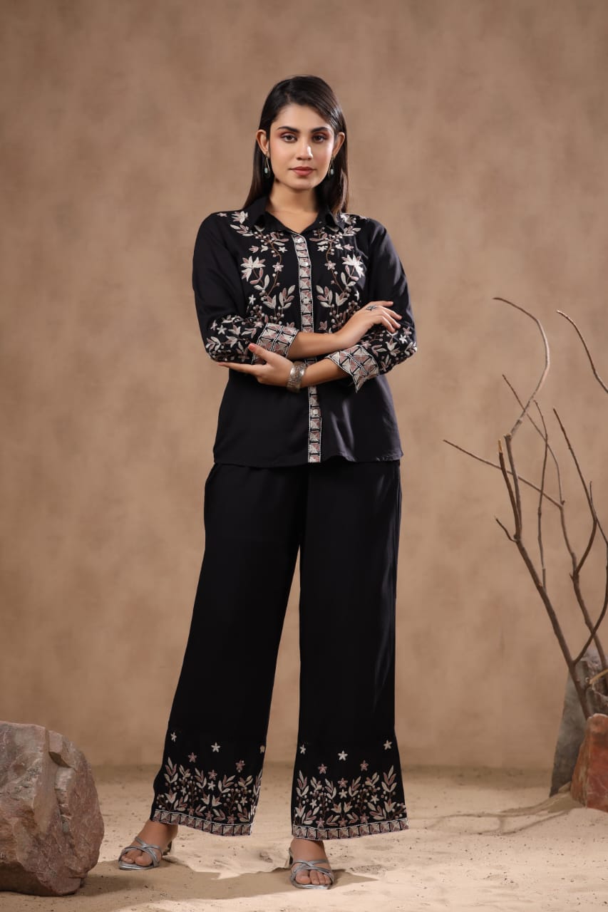 Black Threadwork Cotton  Co-Ord Set -kajree