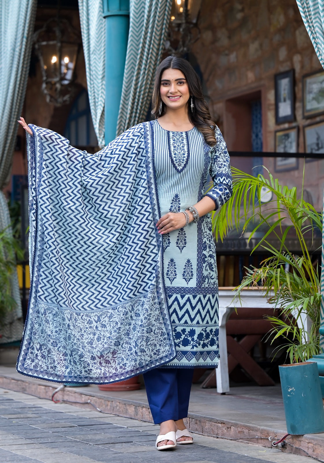 Navy Blue Block Print Muslin Kurta Set -Kajree 