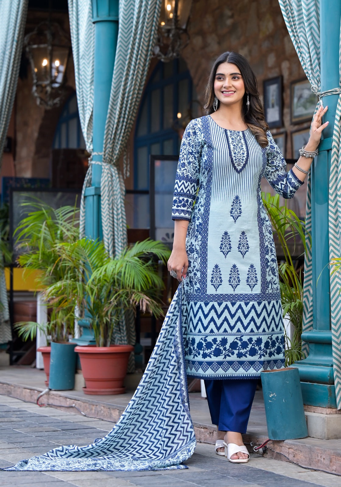 Navy Blue Block Print Muslin Kurta Set -Kajree