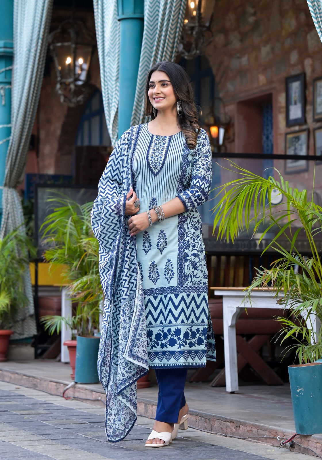 Navy Blue Block Print Muslin Kurta Set -Kajree