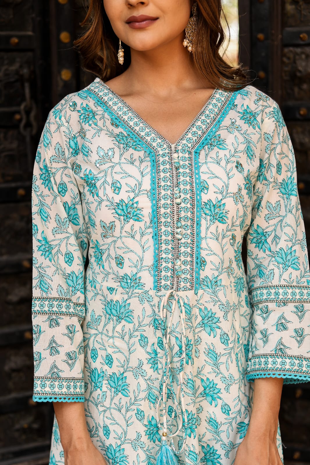 Sky Blue Block Print Cotton Kurta Set - kajree