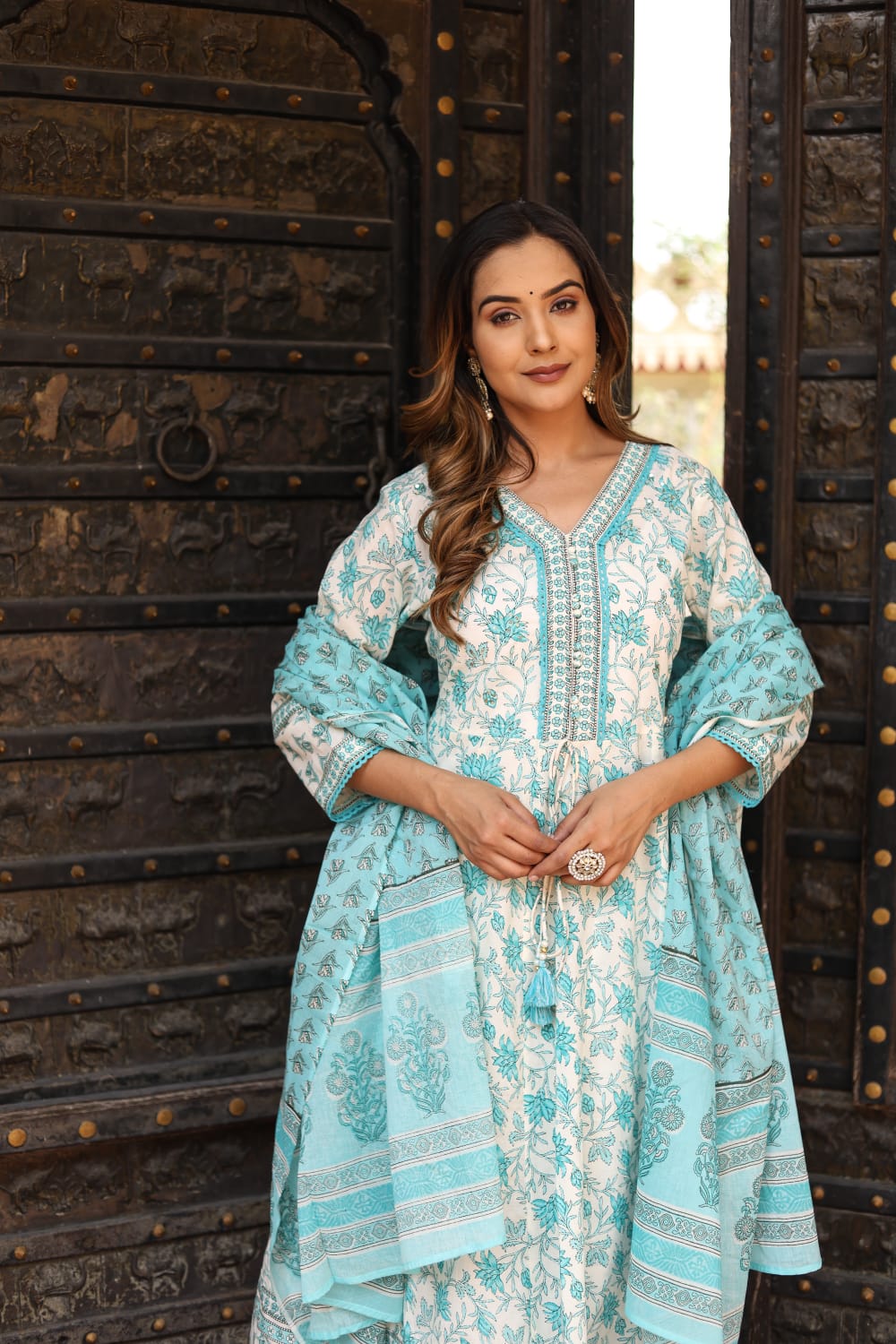 Sky Blue Block Print Cotton Kurta Set - kajree