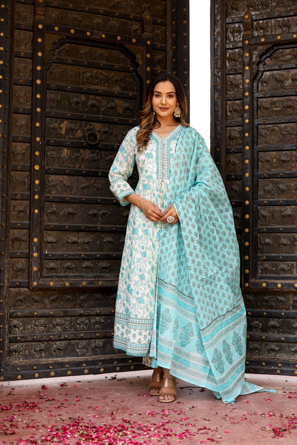 Sky Blue Block Print Cotton Kurta Set - Kajree