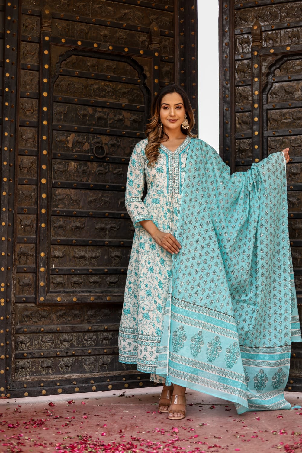 Sky Blue Block Print Cotton Kurta Set - Kajree