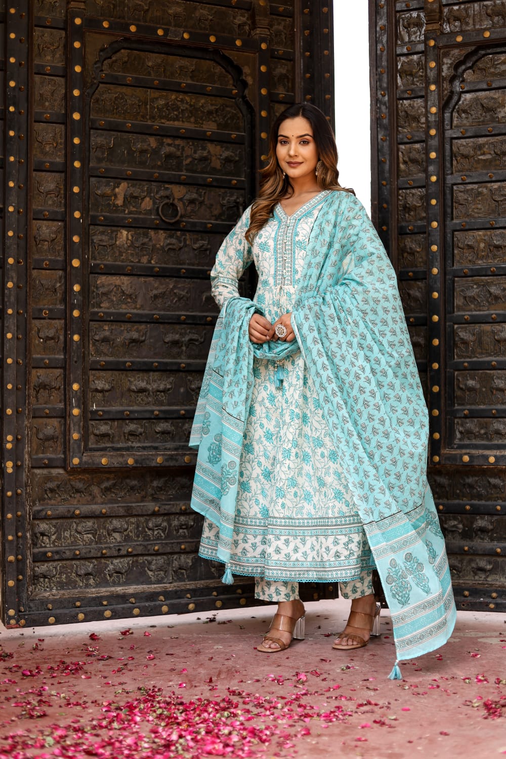 Sky Blue Block Print Cotton Kurta Set - Kajree
