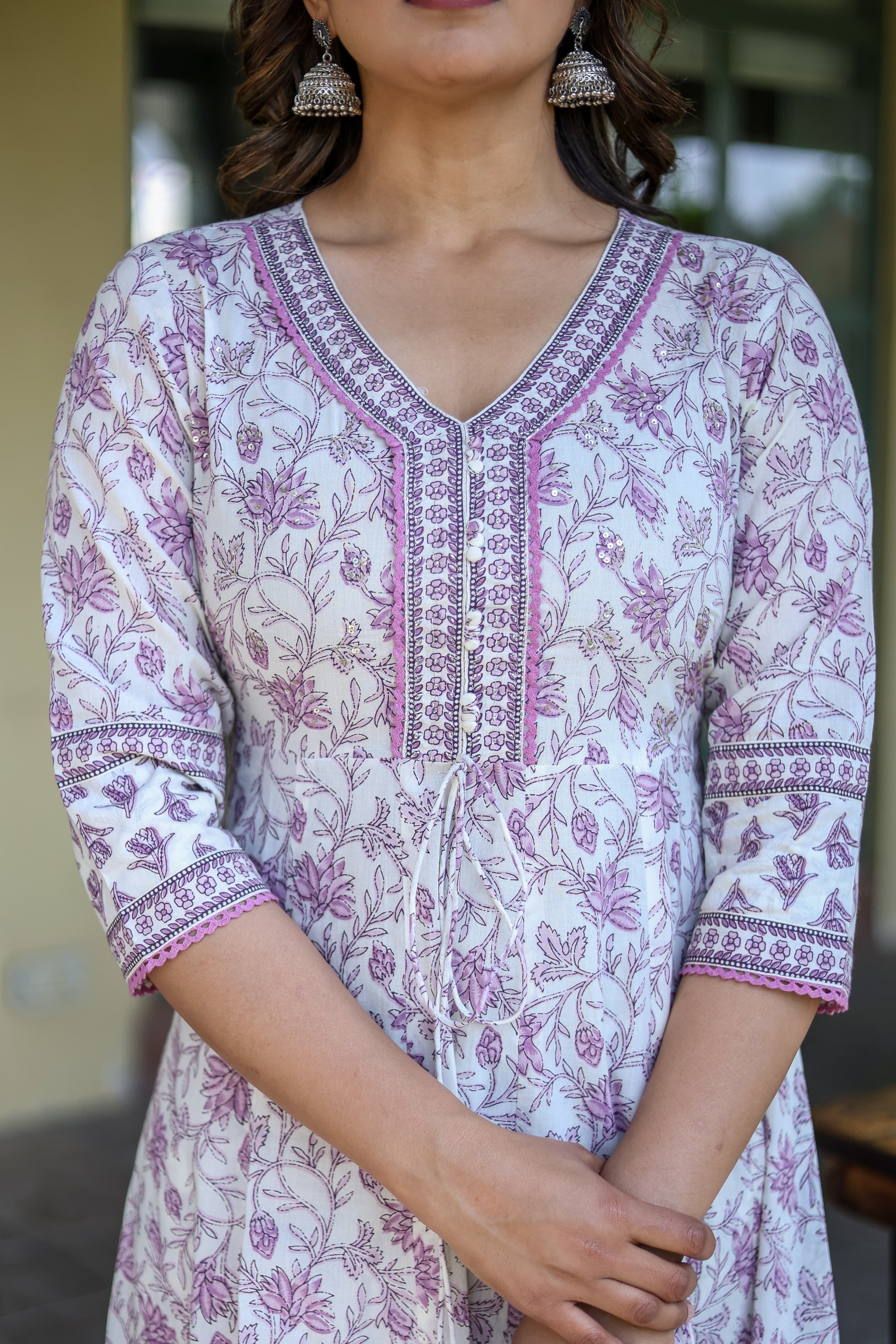 Lavender Block Print Cotton Kurta Set - Kajree