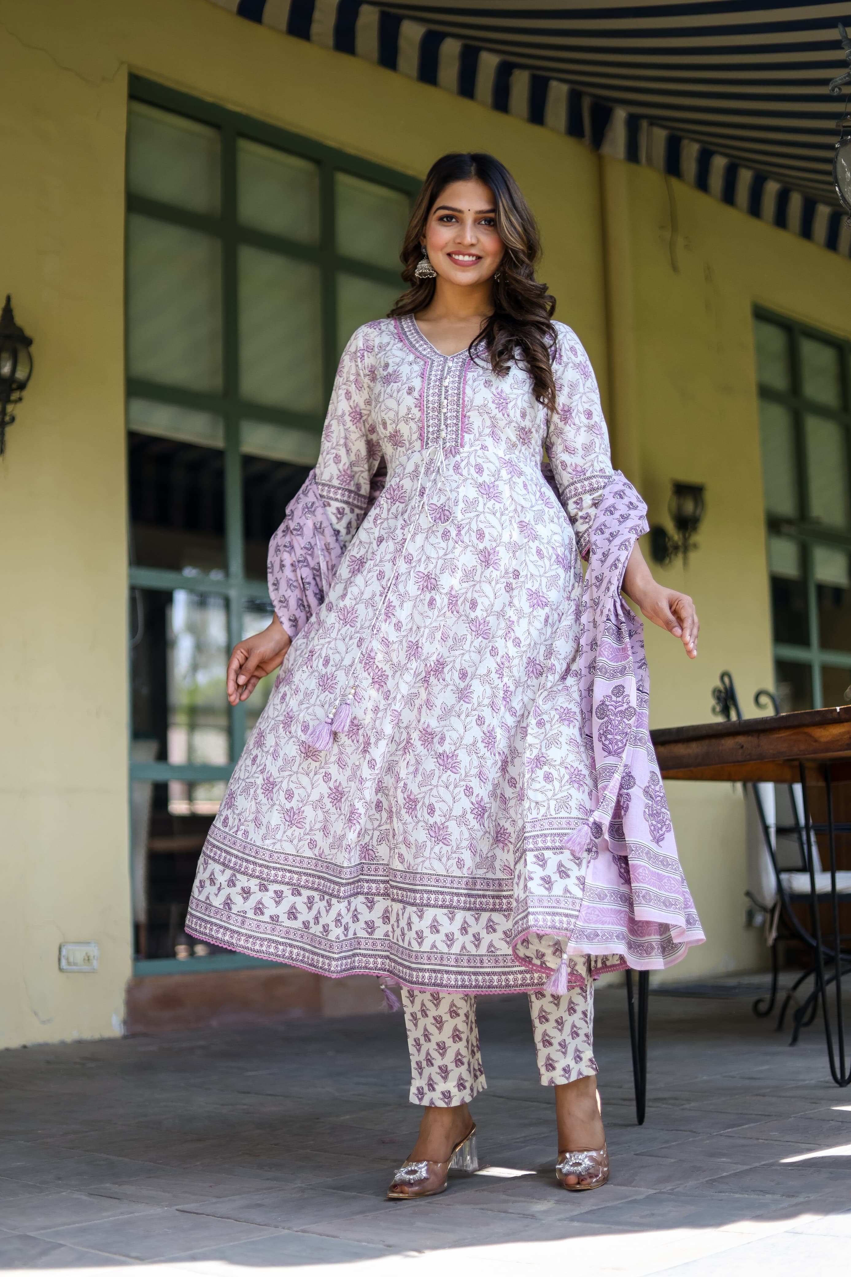 Lavender Block Print Cotton Kurta Set - Kajree