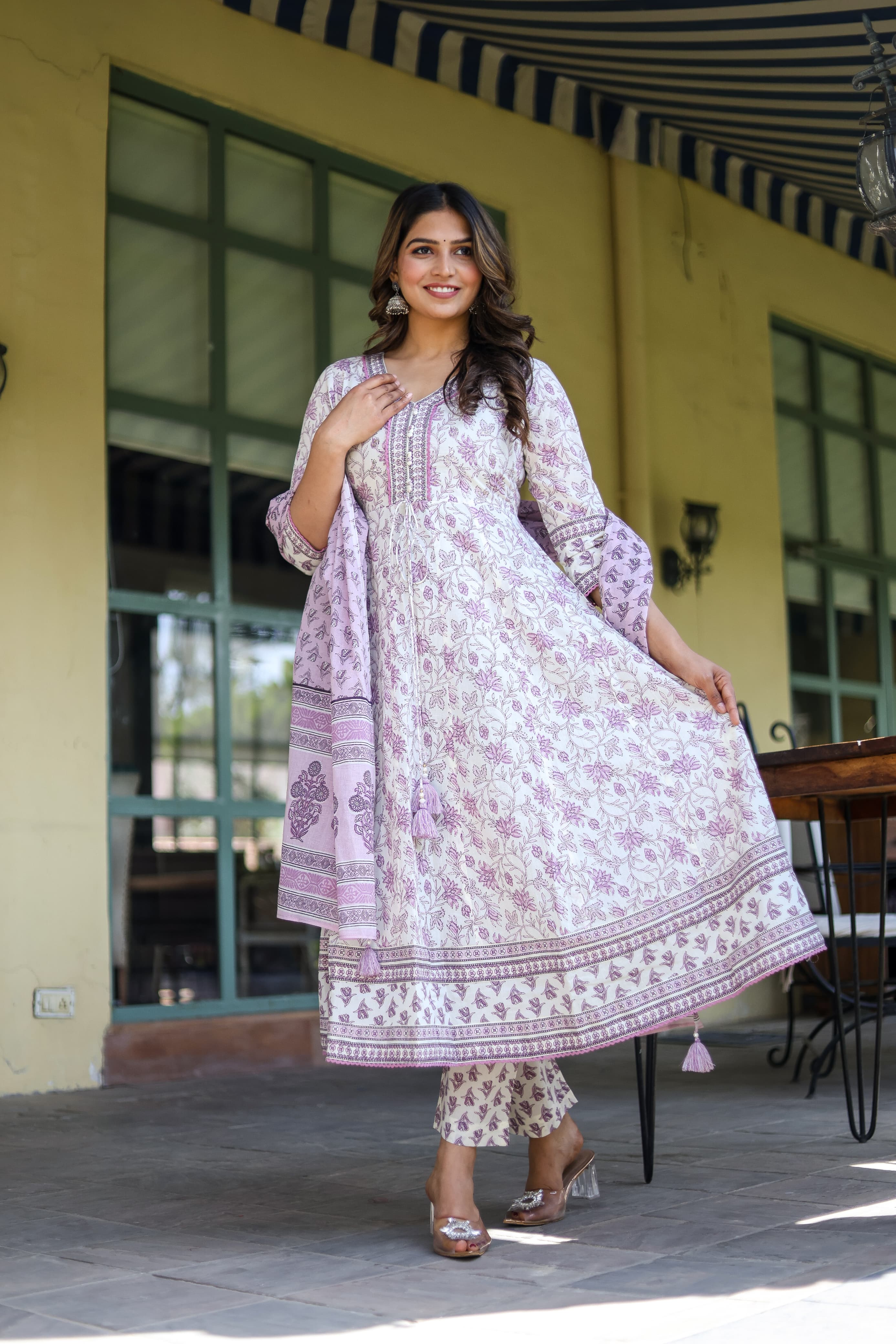 Lavender Block Print Cotton Kurta Set - Kajree