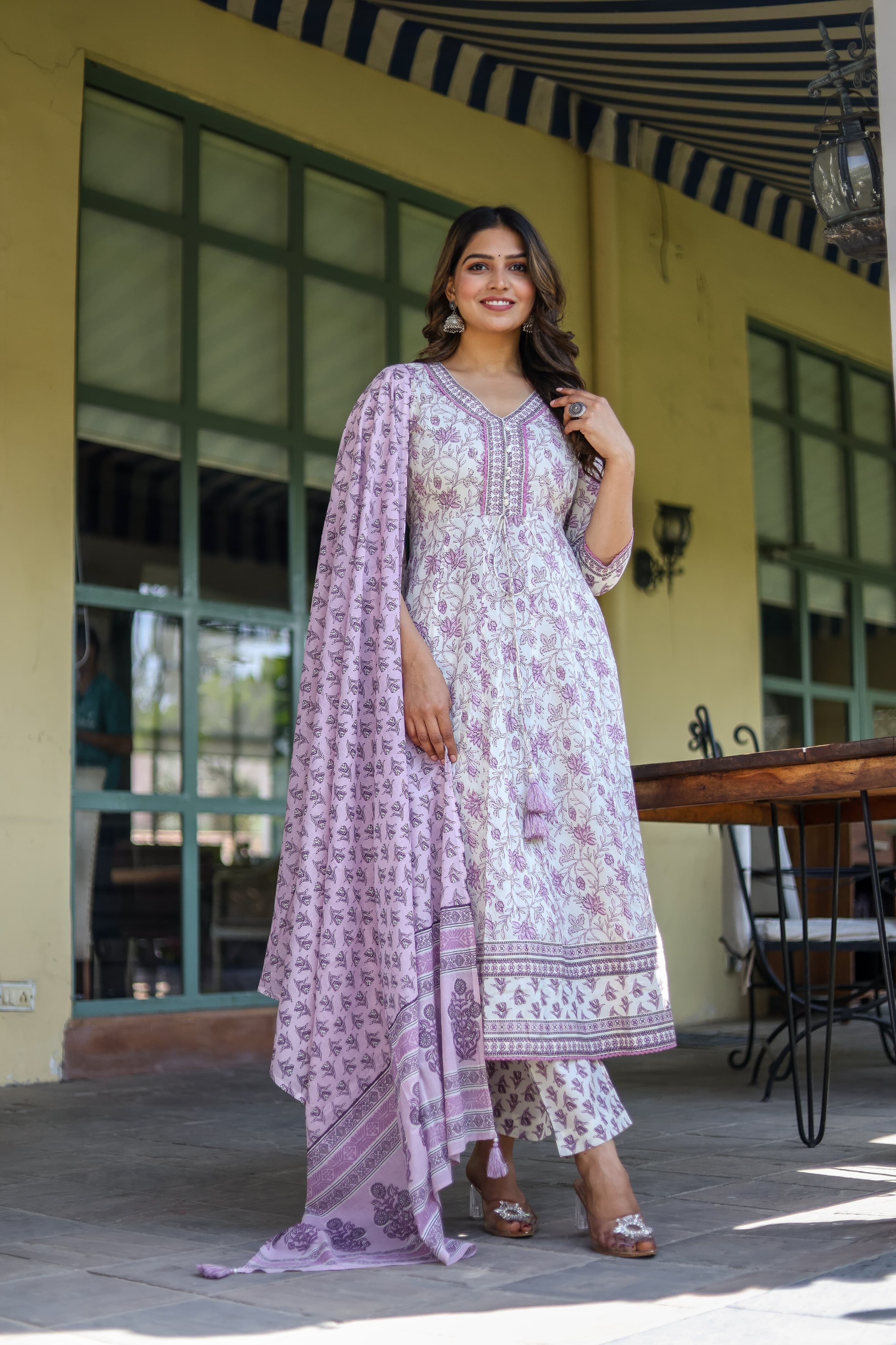 Lavender Block Print Cotton Kurta Set - Kajree