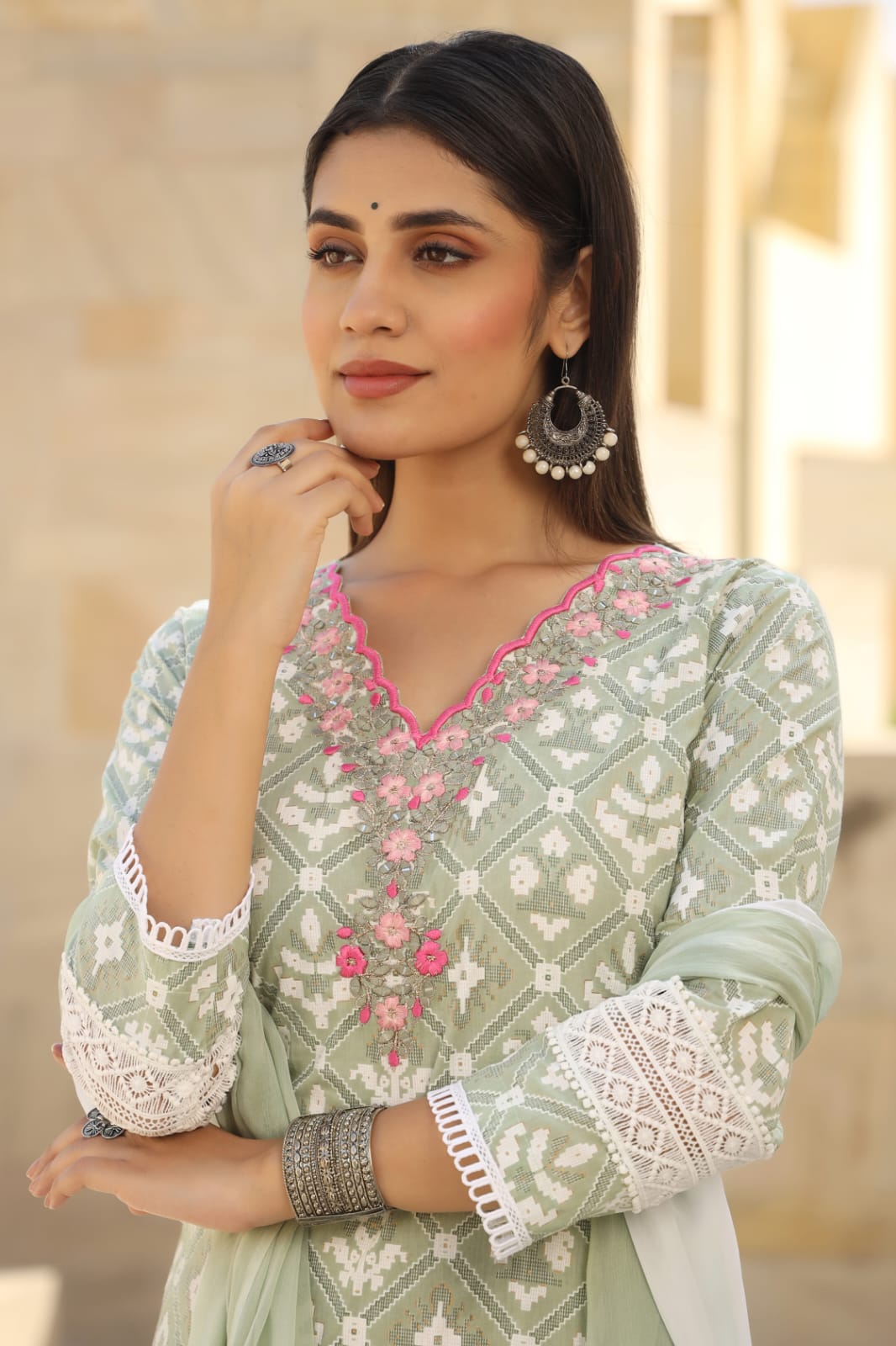 Pista Green Threadwork with Block Print Cotton Kurta Set - KAJREE