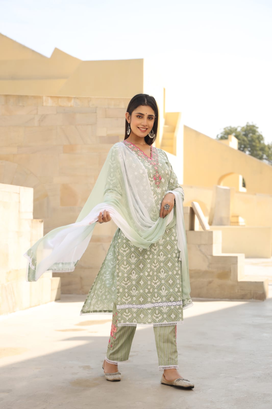 Pista Green Threadwork with Block Print Cotton Kurta Set - KAJREE