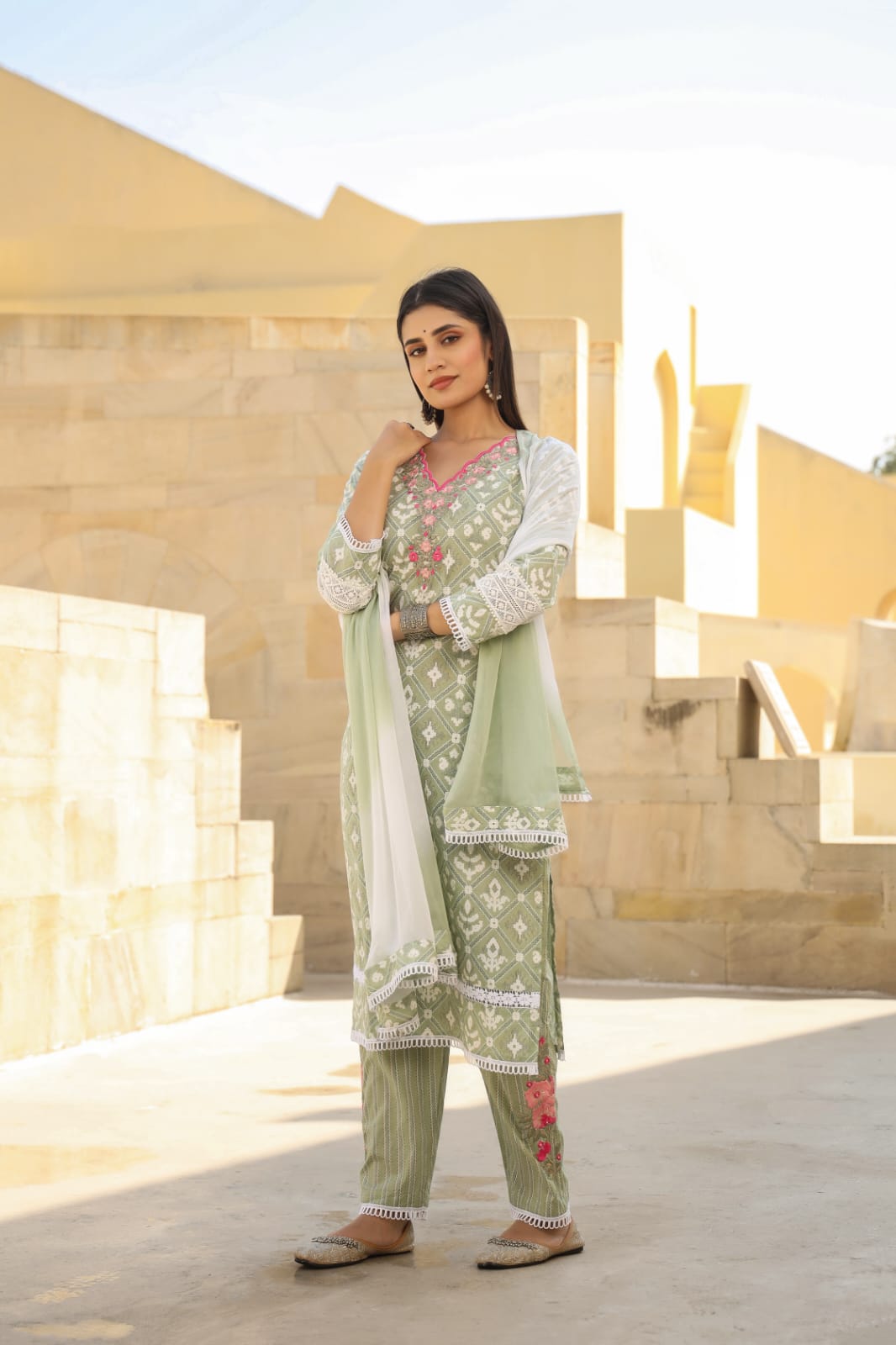 Pista Green Threadwork with Block Print Cotton Kurta Set - KAJREE
