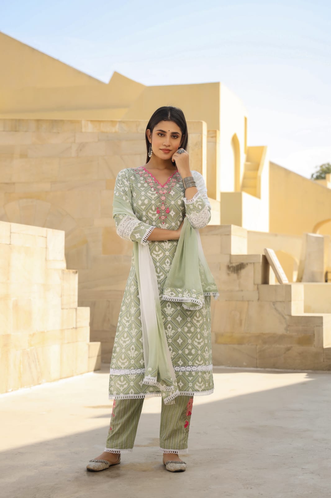 Pista Green Threadwork with Block Print Cotton Kurta Set - KAJREE