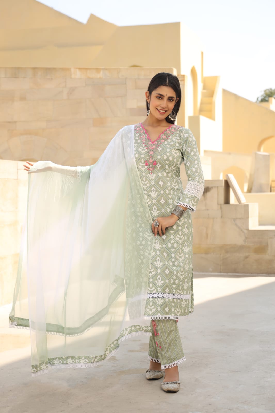 Pista Green Threadwork with Block Print Cotton Kurta Set - KAJREE