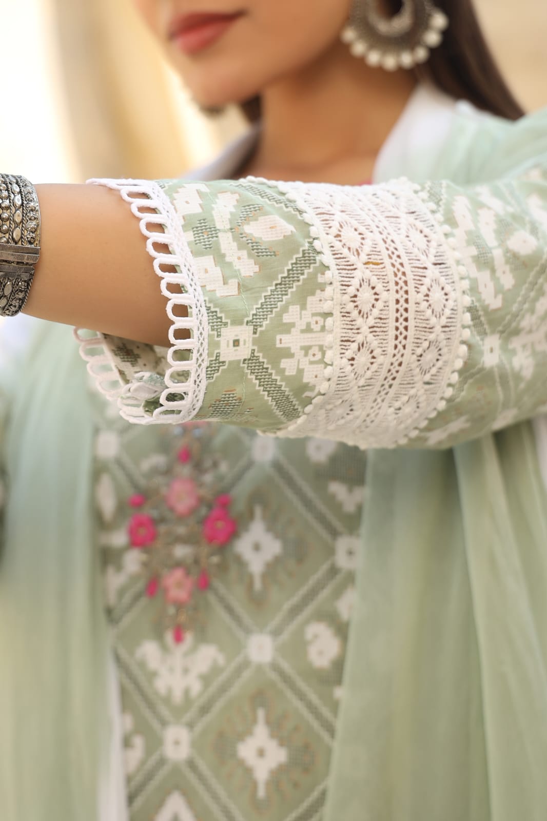 Pista Green Threadwork with Block Print Cotton Kurta Set - KAJREE