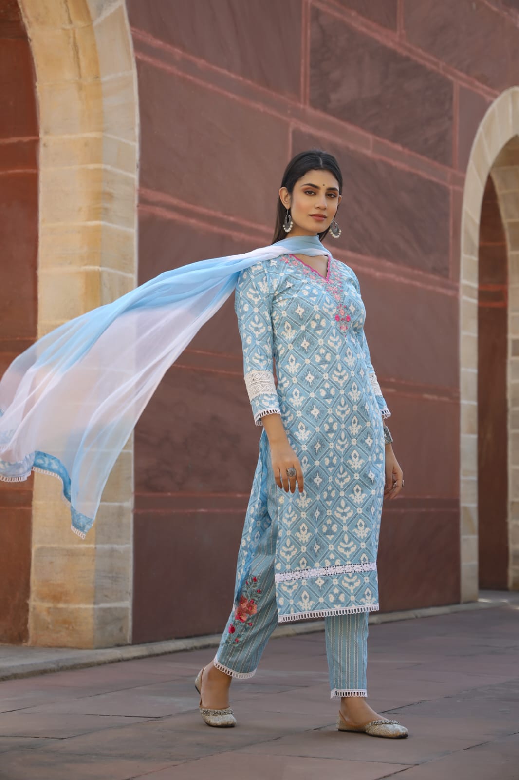 Sky Blue Threadwork with Block print Cotton Kurta Set - Kajree