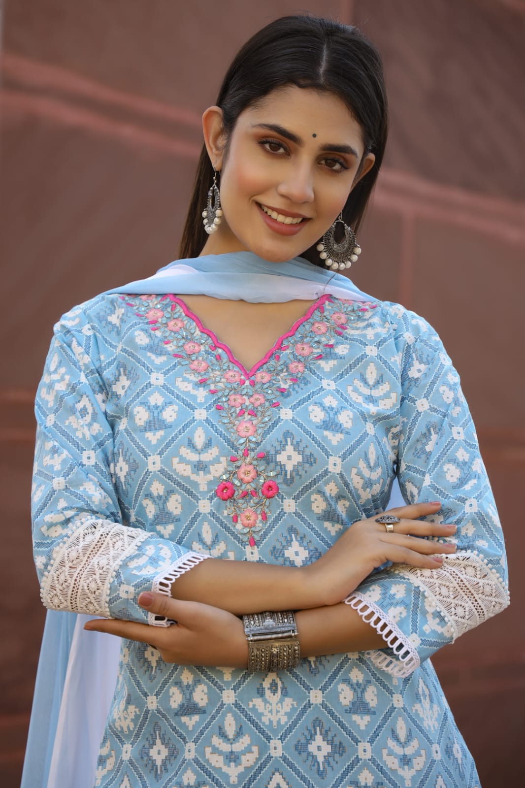 Sky Blue Threadwork with Block print Cotton Kurta Set - Kajree