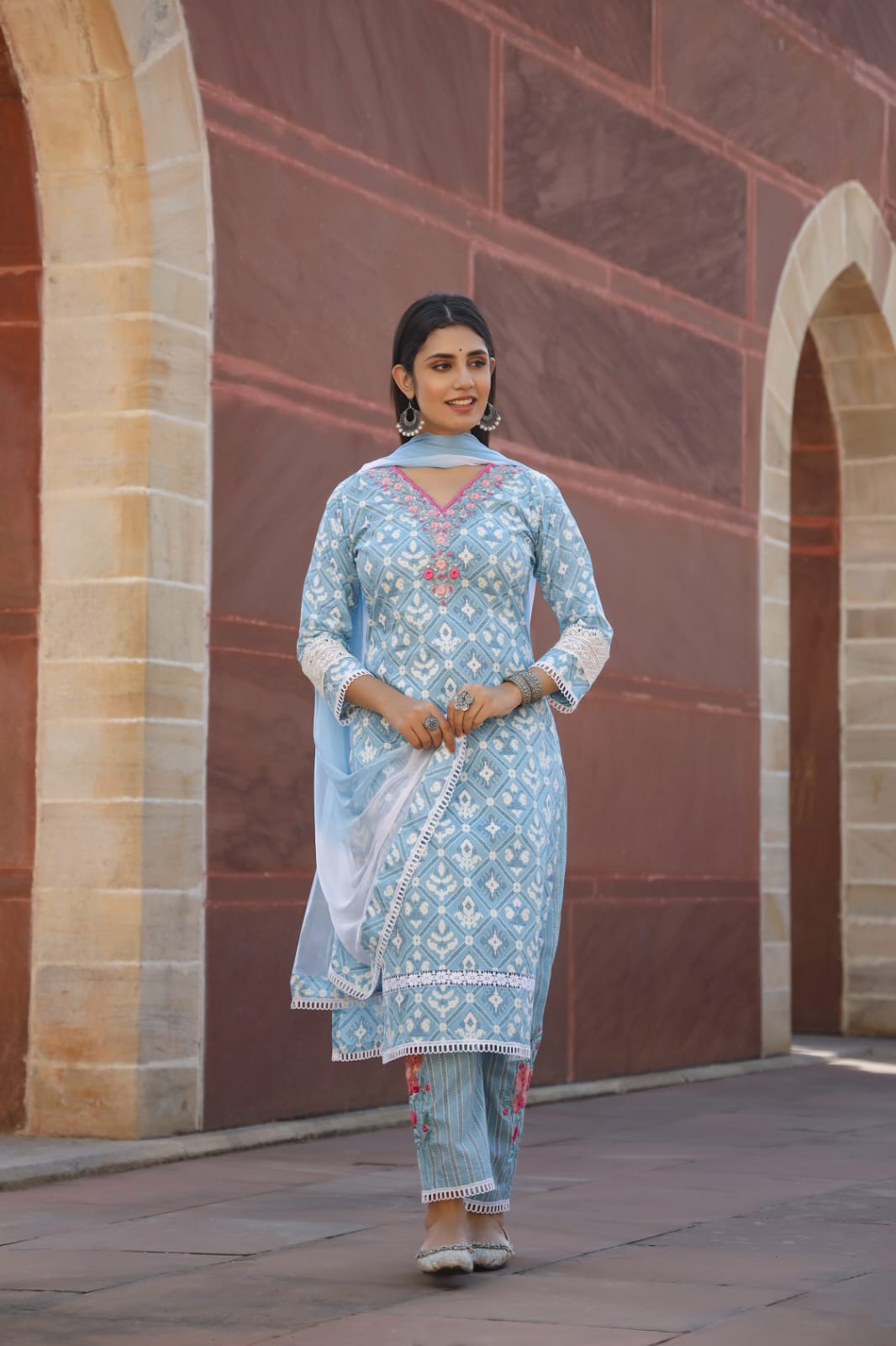 Sky Blue Threadwork with Block print Cotton Kurta Set -Kajree
