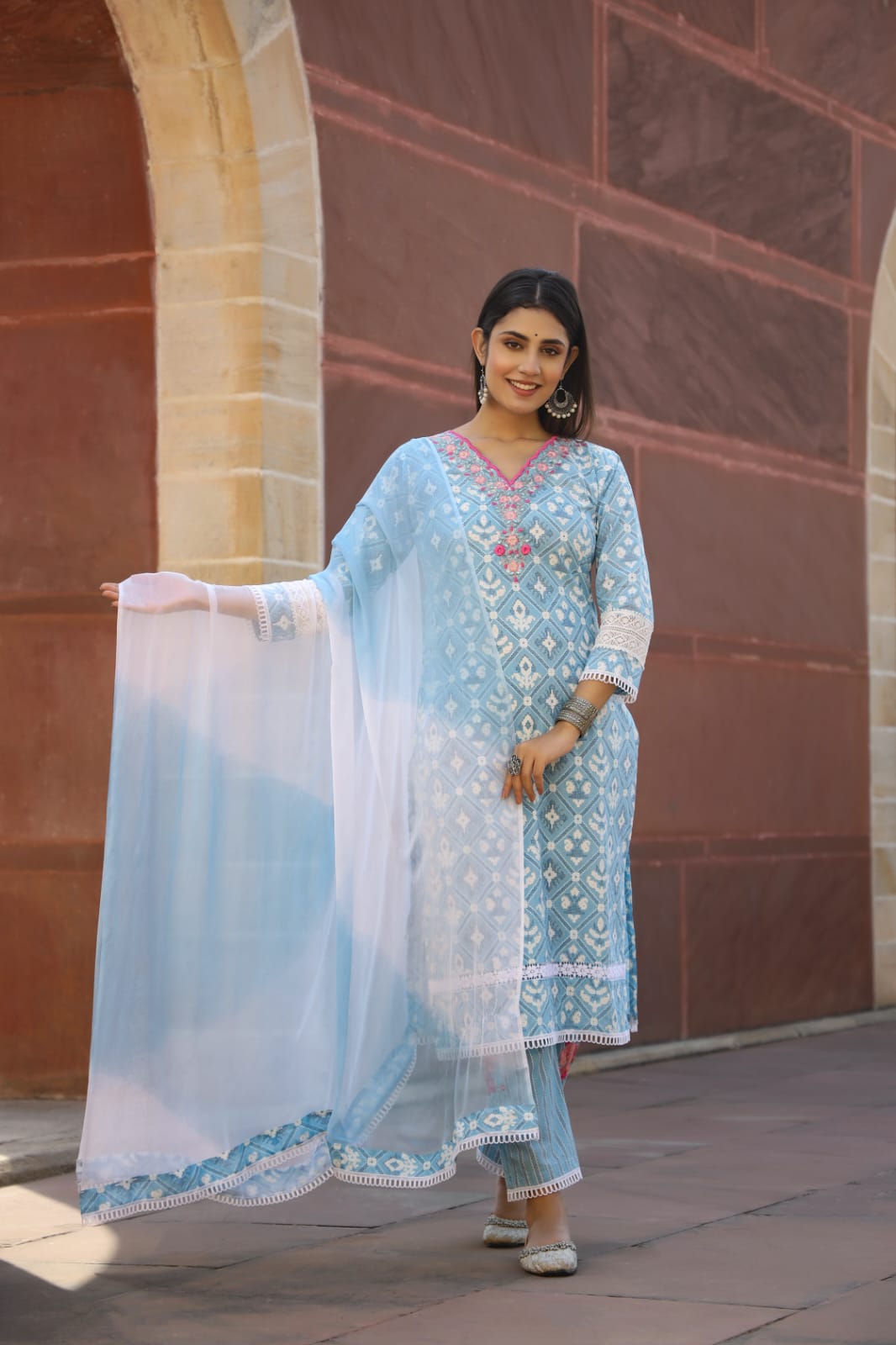Sky Blue Threadwork with Block print Cotton Kurta Set - kajree  