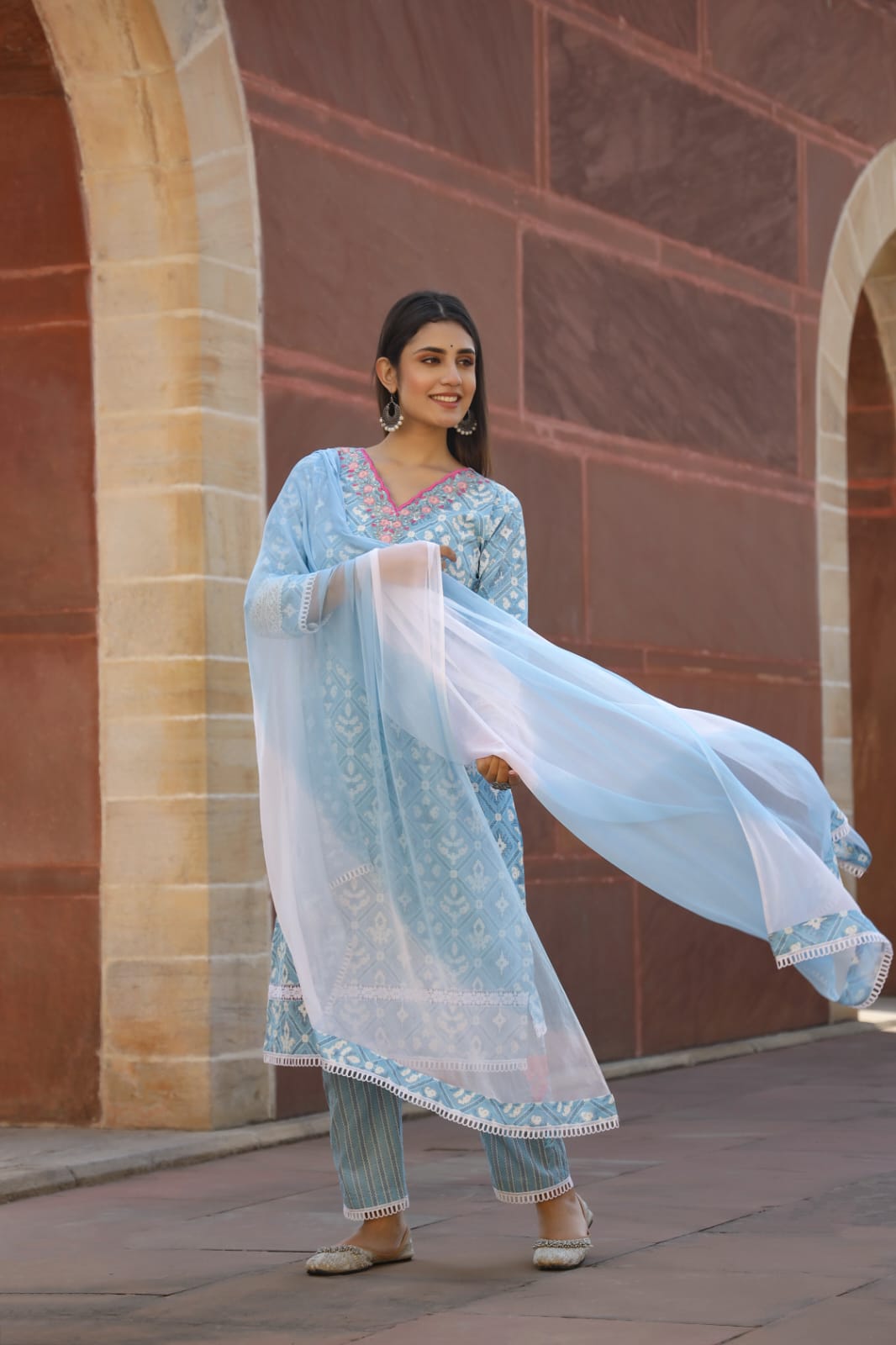 Sky Blue Threadwork with Block print Cotton Kurta Set - Kajree
