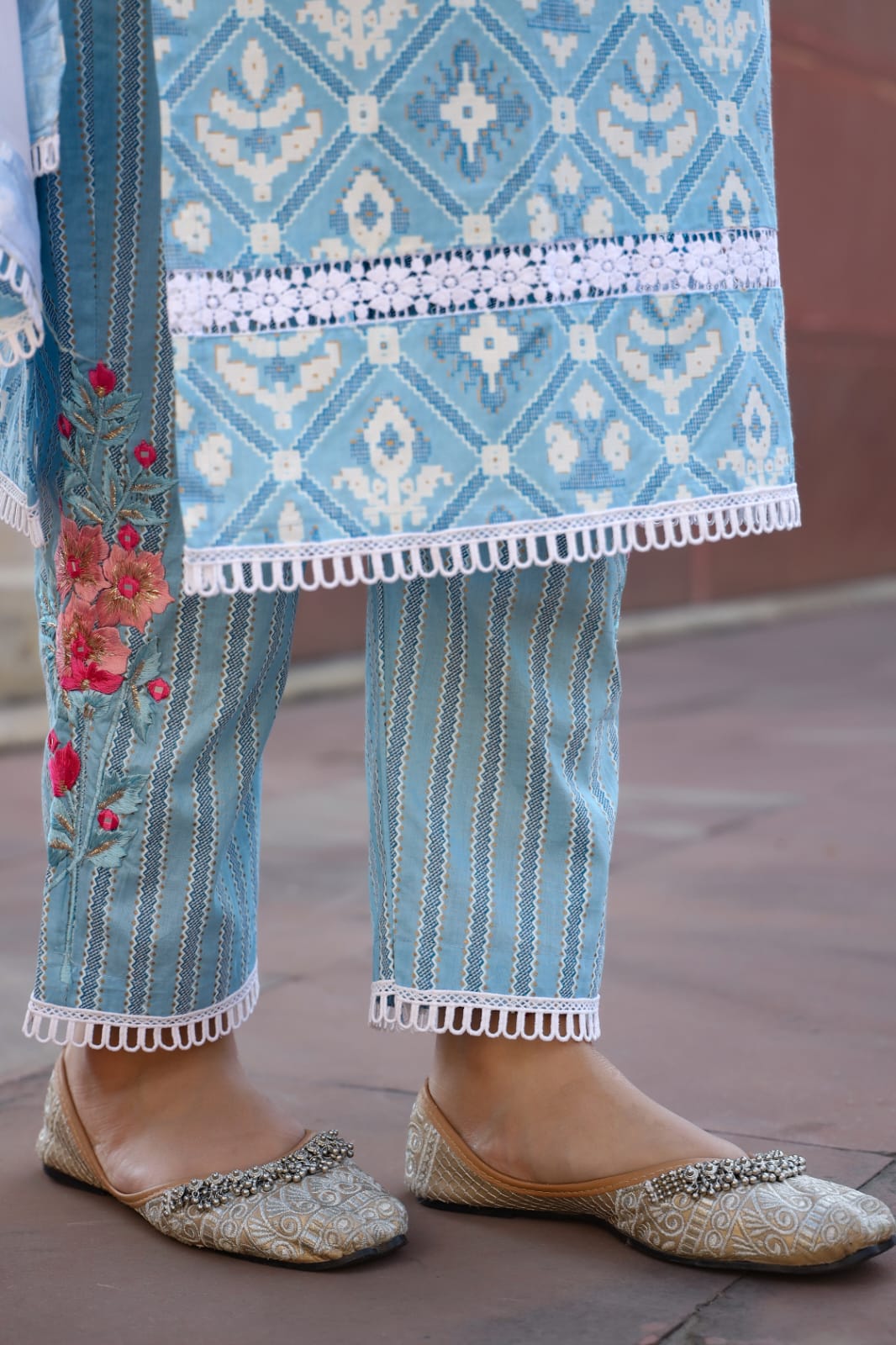 Sky Blue Threadwork with Block print Cotton Kurta Set - Kajree