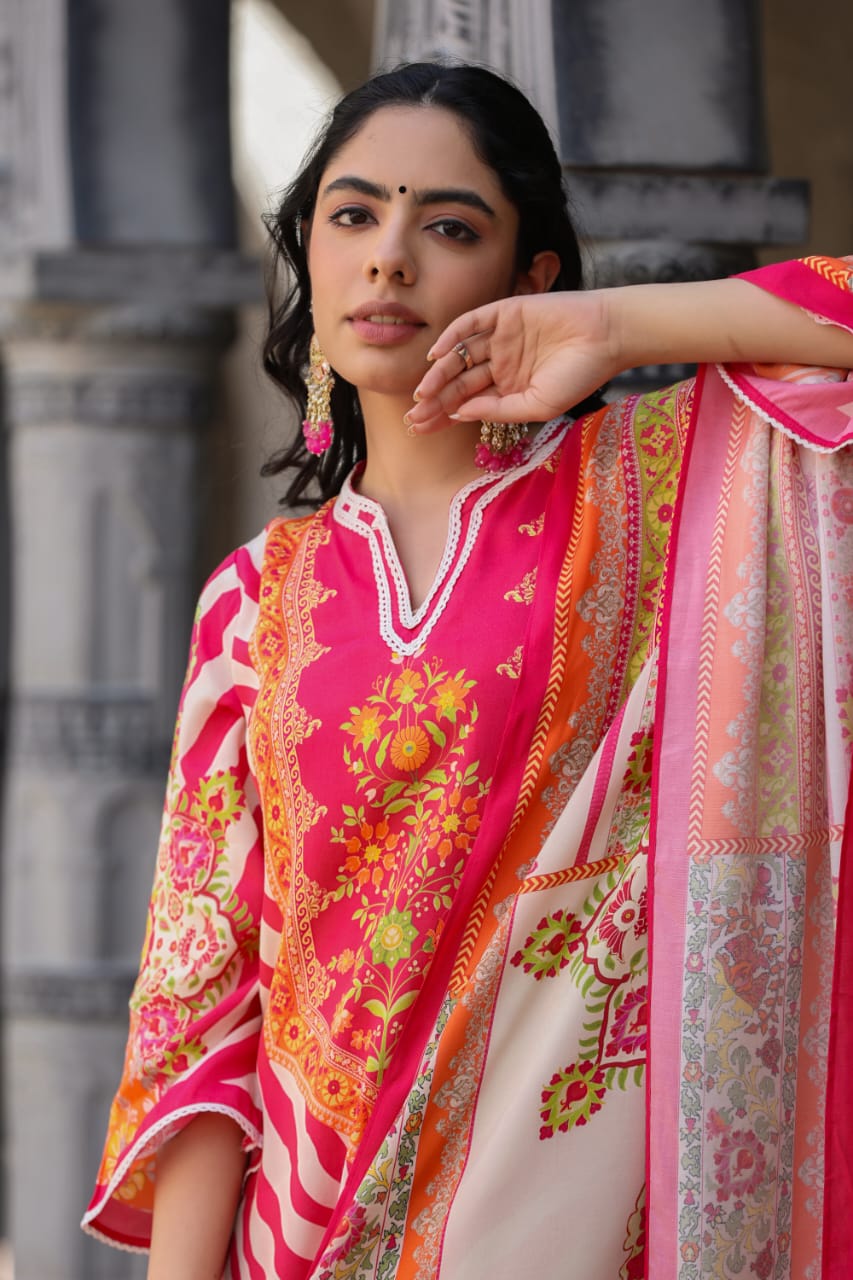 Pink Block Printed Silk Kurta Set - Kajree