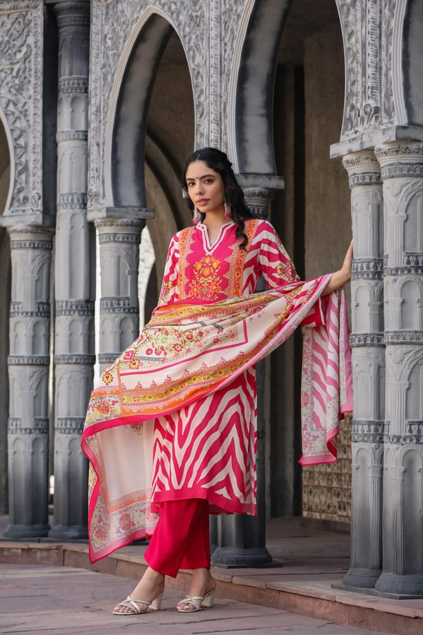 Pink Block Printed Silk Kurta Set - kajree