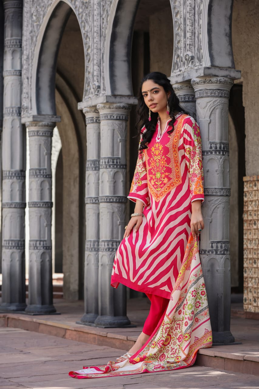 Pink Block Printed Silk Kurta Set - Kajree
